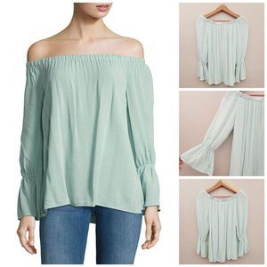 Sanctuary Off the Shoulder Top Flowy Boho Bell Cuff Mint Green Gauzy Small NEW